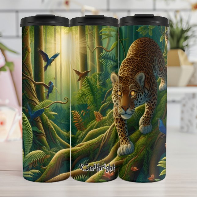 Jaguar in Lush Jungle Sunlight Thermal Tumbler (Creator Uploaded)