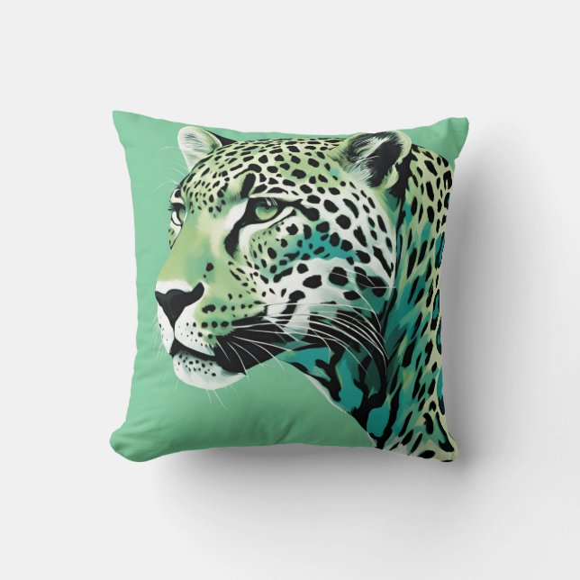 Jaguar Leopard Big Cat Teal Colors Throw Pillow (Front)