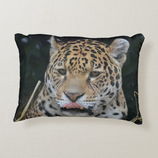 Jaguar Licking His Lips Decorative Pillow (Back)