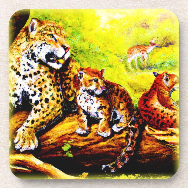Jaguar Mom and Cubs Relaxing in Jungle. Buy Now Beverage Coaster (Front)