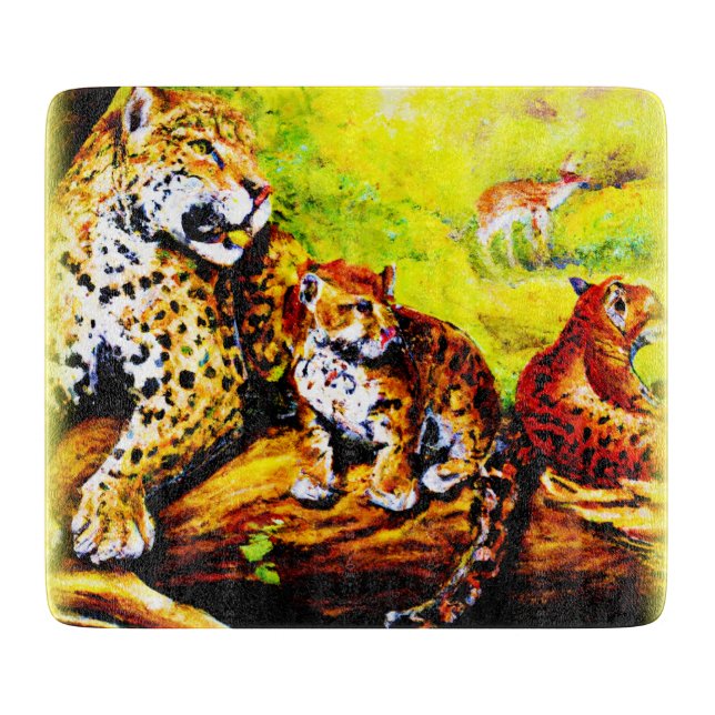 Jaguar Mom and Cubs Relaxing in Jungle. Buy Now Cutting Board (Front)