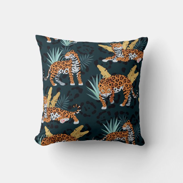 Jaguar Palms Seamless Vintage Pattern Throw Pillow (Front)