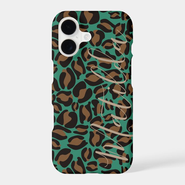 Jaguar Pattern Print Green Brown Personalized Name Iphone Case (Back)