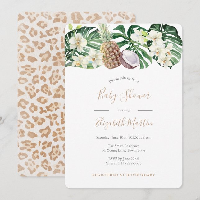 Jaguar Print Tropical Foliage Baby Shower Invitation (Front/Back)