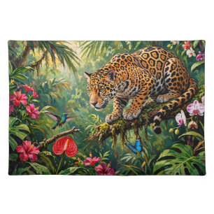 Jaguar Rainforest Hummingbird Butterflies Flowers Cloth Placemat