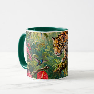 Jaguar Rainforest Hummingbird Butterflies Flowers Mug