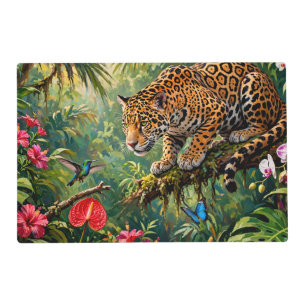 Jaguar Rainforest Hummingbird Butterflies Flowers Placemat