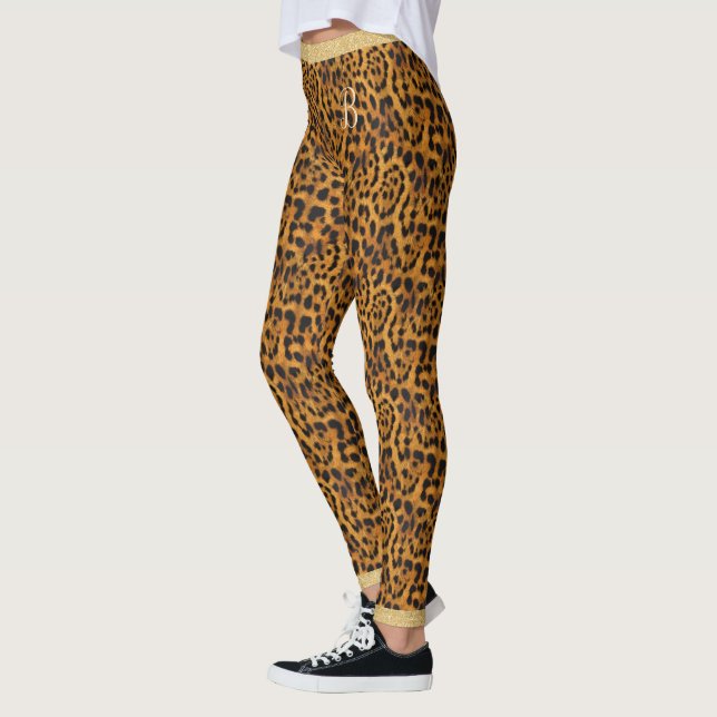 Jaguar Skin Print Gold Glitter Chic | Monogram Leggings (Left)