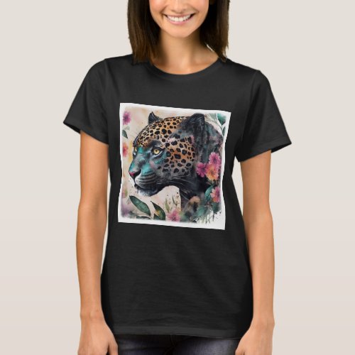 Jaguar Watercolor Colorful Feline Floral Art T_Shirt