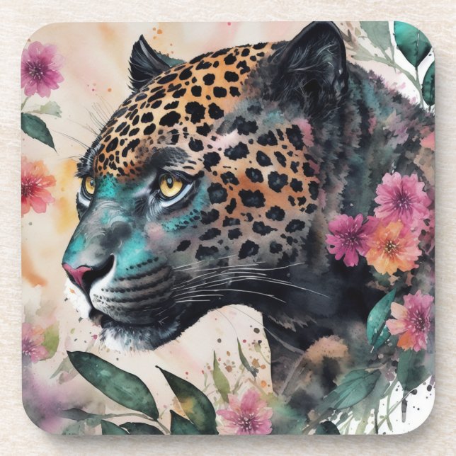 Jaguar Watercolor Floral Art Beverage Coaster (Front)