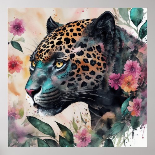 Jaguar Watercolor Floral Artwork Poster