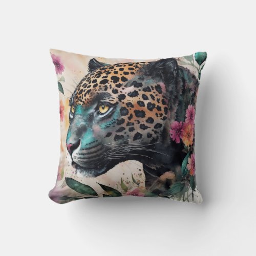 Jaguar Watercolor Floral Artwork Throw Pillow