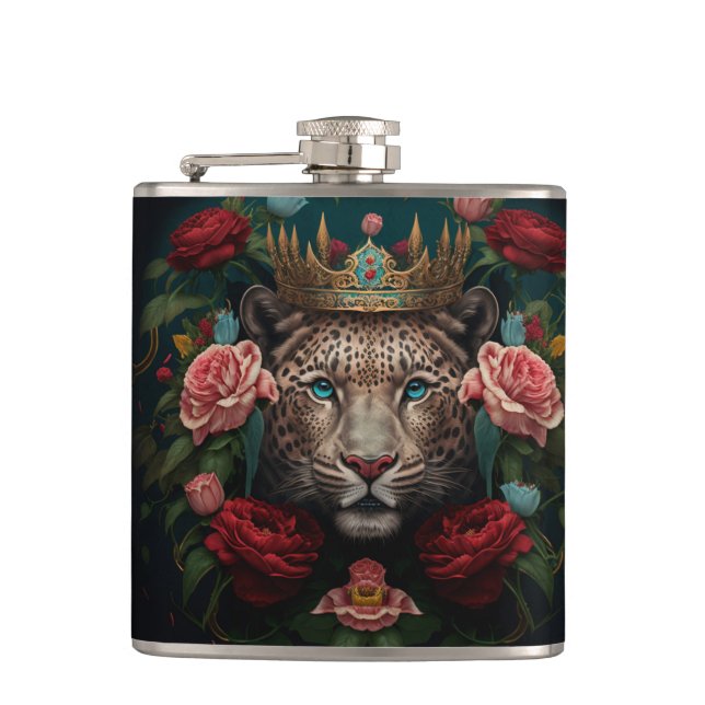 Jaguar with Crown in Flowers Painting              Flask (Front)