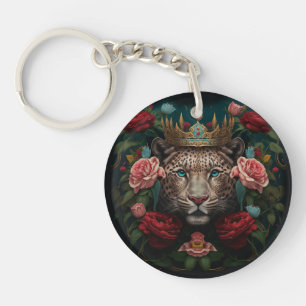 Jaguar with Crown in Flowers Painting Keychain