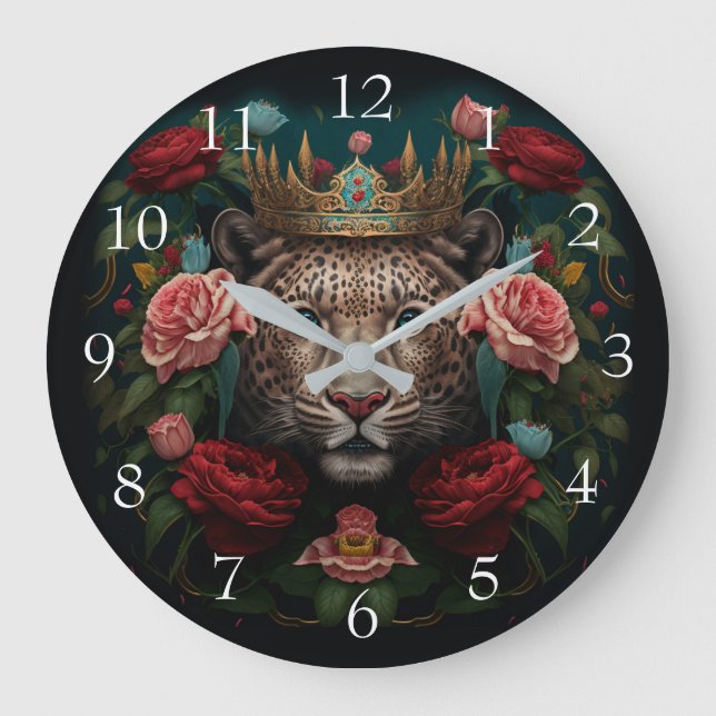Jaguar with Crown in Flowers Painting             Large Clock (Front)
