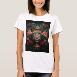 Jaguar with Crown in Flowers Painting T-Shirt