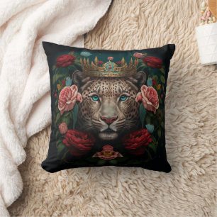 Jaguar with Crown in Flowers Painting Throw Pillow