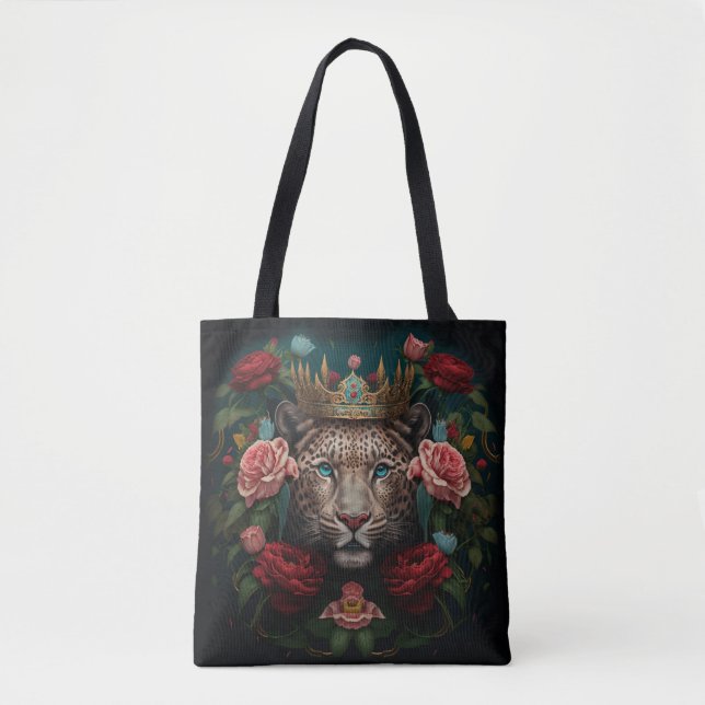 Jaguar with Crown in Flowers Painting              Tote Bag (Front)