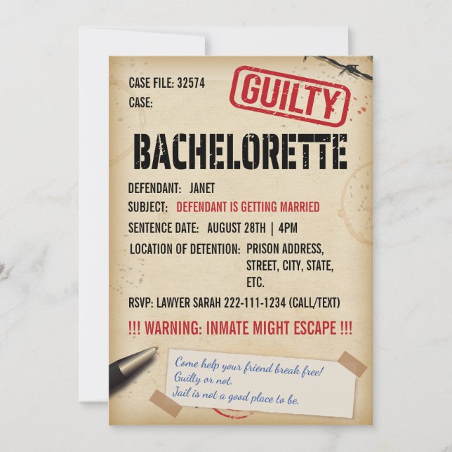 Jail Escape Room bachelorette Invitation (Front)