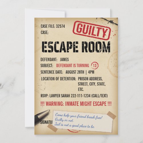 Jail Escape Room Birthday Invitation
