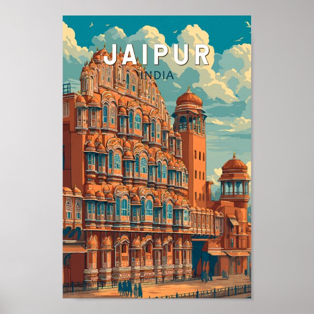 Jaipur India Illustration Travel Art Vintage Poster (Front)