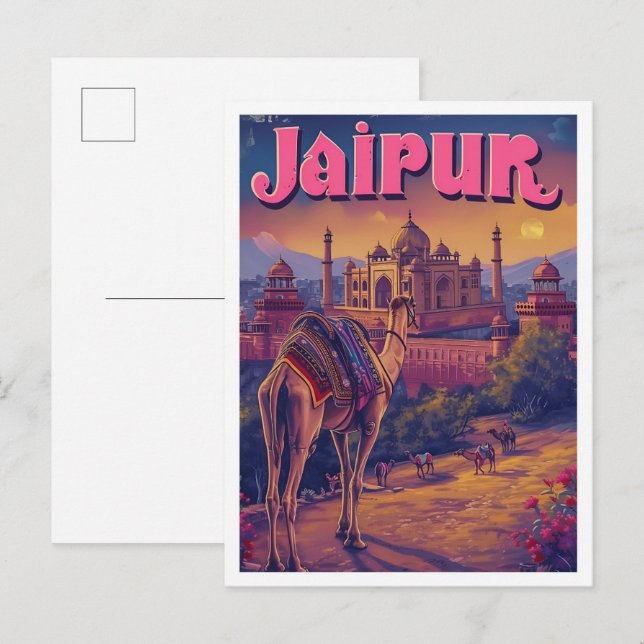Jaipur India Vintage Art Travel Illustration Postcard (Front/Back)
