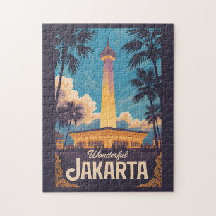 Jakarta Indonesia Illustration Travel Art Vintage Jigsaw Puzzle
