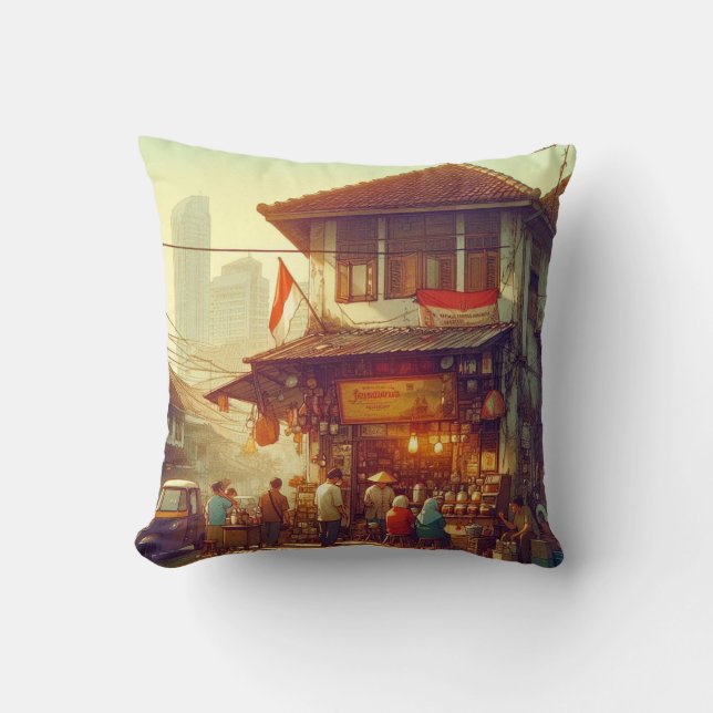 Jakarta Street Coffee Shop  Throw Pillow (Front)
