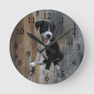 Jake The Farm Dog with Barnwood Background Round Clock