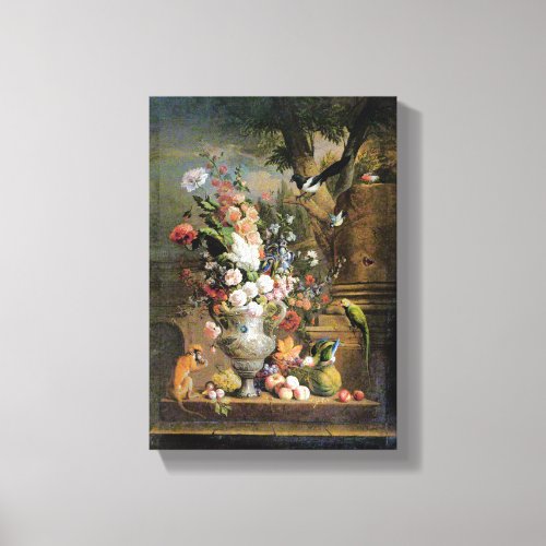 Jakob Bogdany A Vase of Flowers with Fruit a Monke Canvas Print