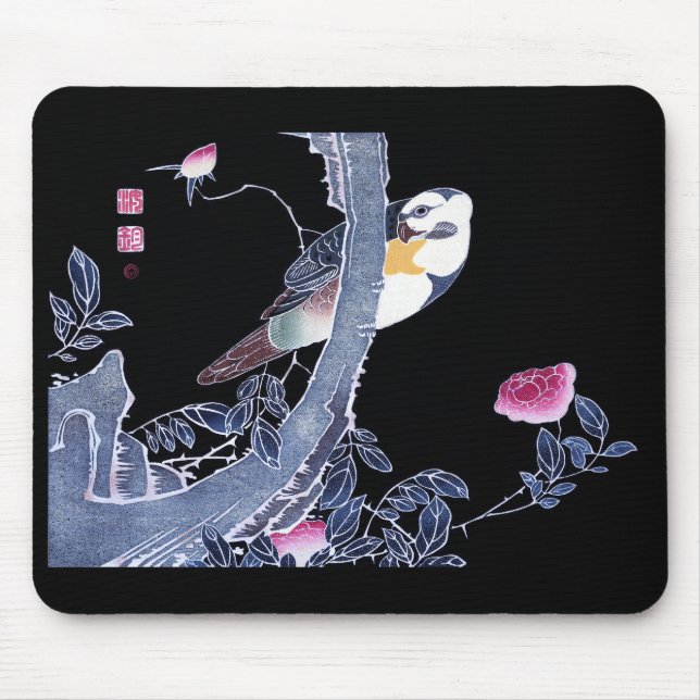 Jakuchu,“Parrot on the Branch of a Flowering Rose” Mouse Pad (Front)