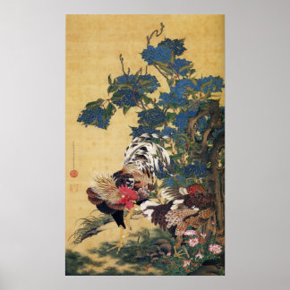 Jakuchu, Rooster and Hen with Hydrangeas Posters