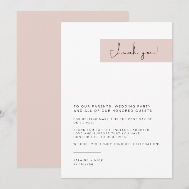 JALAINE Modern Blush Pink Wedding Plate Thank You Menu (Front/Back)