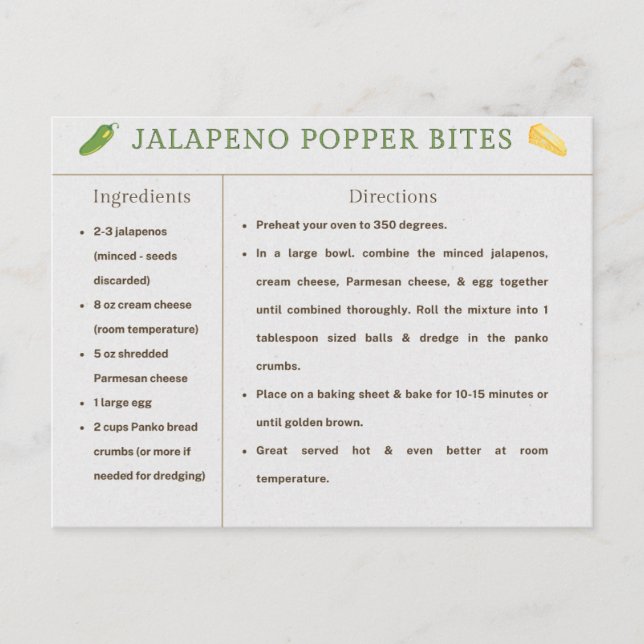 Jalapeno Popper Bites Thanksgiving Recipe Card (Front)