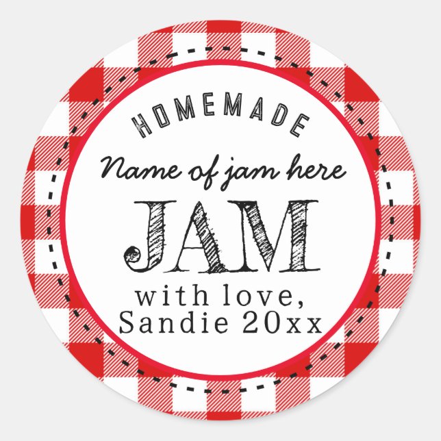 Jam Homemade Red Buffalo Plaid Custom Food Round Classic Round Sticker (Front)
