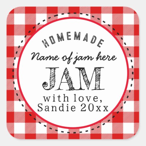 Jam Homemade Red Buffalo Plaid Custom Food Round Square Sticker