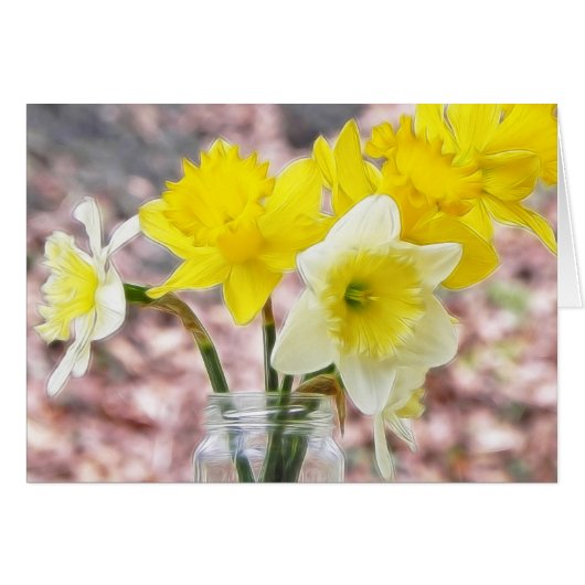 Jam Jar Vase Full Of Daffodils Cards (Front Horizontal)