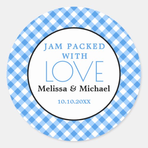 Jam Packed With Love Blue Gingham Wedding Favor  Classic Round Sticker