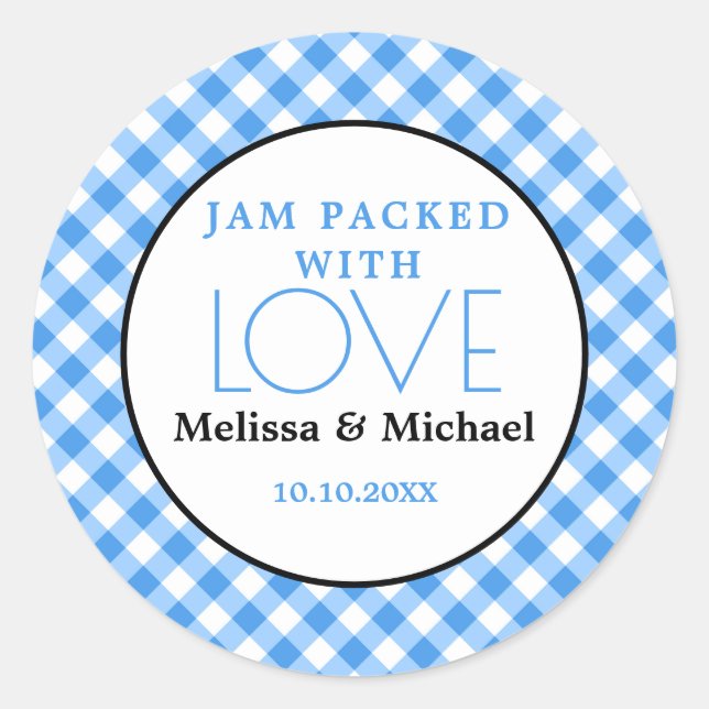 Jam Packed With Love Blue Gingham Wedding Favor  Classic Round Sticker (Front)