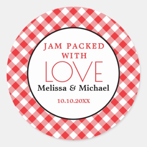 Jam Packed With Love Red Gingham Wedding Favor Classic Round Sticker