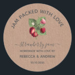 Jam Packed with Love Strawberry Jam Wedding Favors Classic Round Sticker<br><div class="desc">Vintage Strawberry illustration wedding favor tag,  Jam packed with love. This is a template ready for you to add your details to.</div>