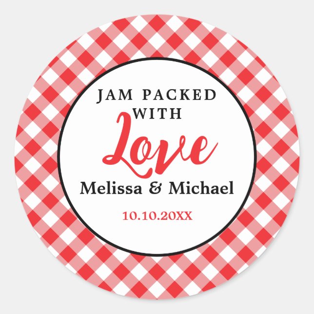 Jam Packed With Love Wedding Favor Red Gingham Classic Round Sticker (Front)