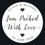 Jam Packed With Love Wedding Party Jam Jar Favor Classic Round Sticker<br><div class="desc">A Classic Black Wedding Jam Jelly Jar Favor Label Sticker featuring "Jam Packed With Love" in a rustic modern elegant font calligraphy and heart accents. 
You can easily personalized it with your names and wedding date.</div>