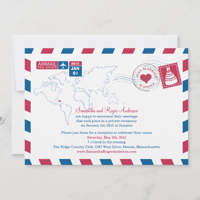 Jamaica Air Mail Post Wedding Reception Invitation (Front)