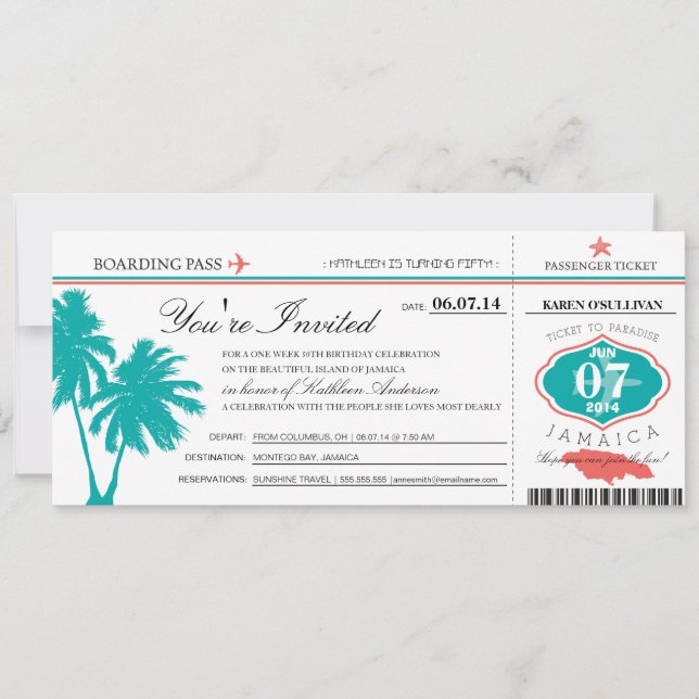 JAMAICA Boarding Pass Birthday Invitation (Front)