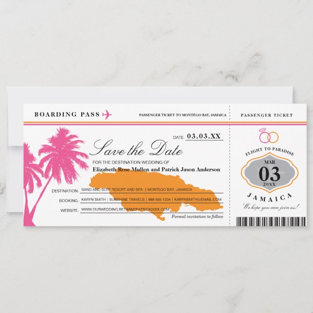 Jamaica Boarding Pass Pink & Orange Save the Date (Front)