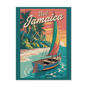 Jamaica Boat Illustration Travel Art Vintage Postcard