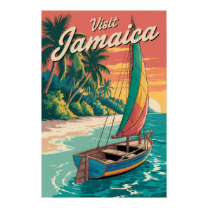 Jamaica Boat Illustration Travel Art Vintage Poster