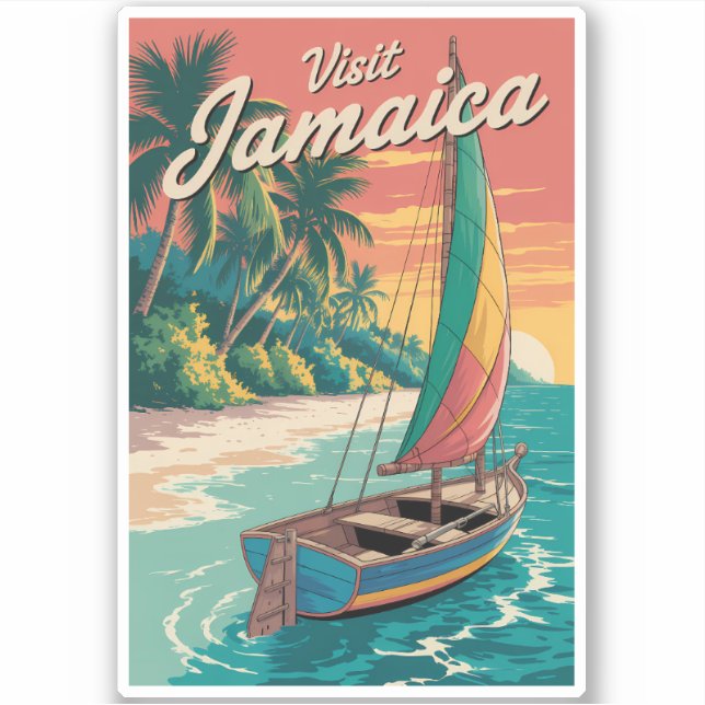 Jamaica Boat Illustration Travel Art Vintage Sticker (Front)