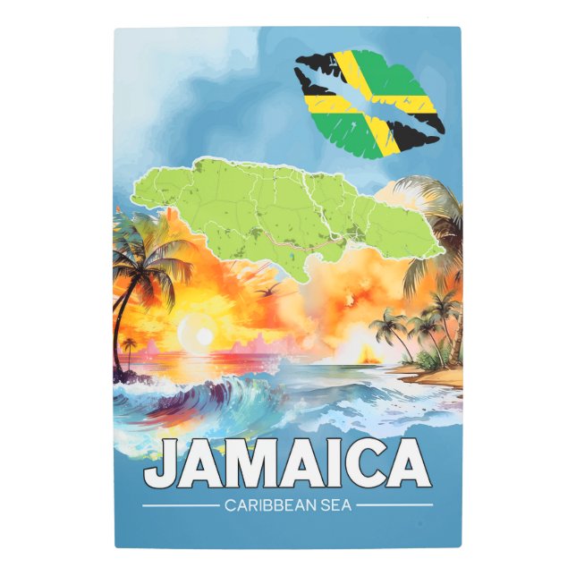 Jamaica Caribbean Sea Map Beach Sunset Metal Print (Front)
